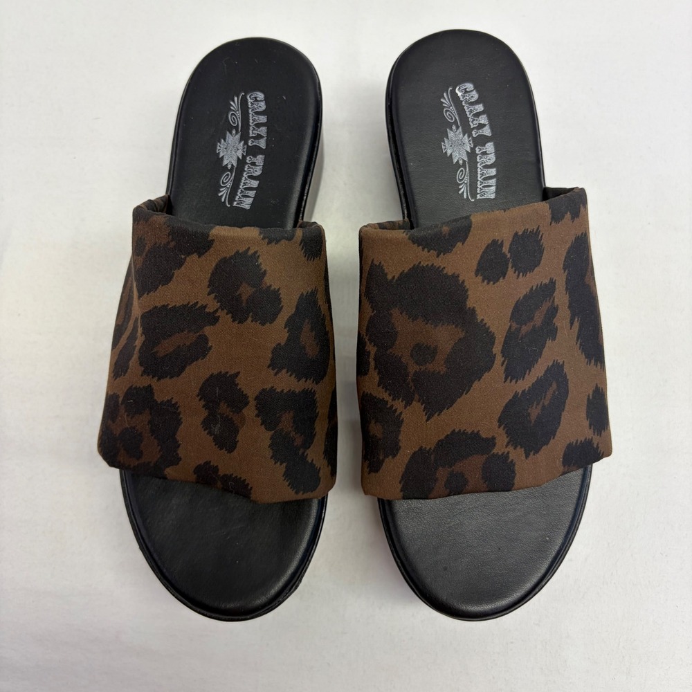Crazy Train Leopard Platform Sandals Womens 6 Brown Black Animal Print Slides